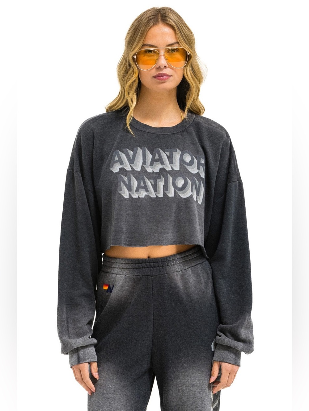 NWT Aviator Nation AN 3D Cropped Crew Sweatshirt Faded Smoke Size M